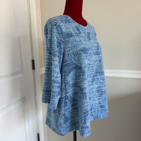 Denim & Co. printed jersey round-neck 3/4 sleeve swing top - Picture 3 of 10